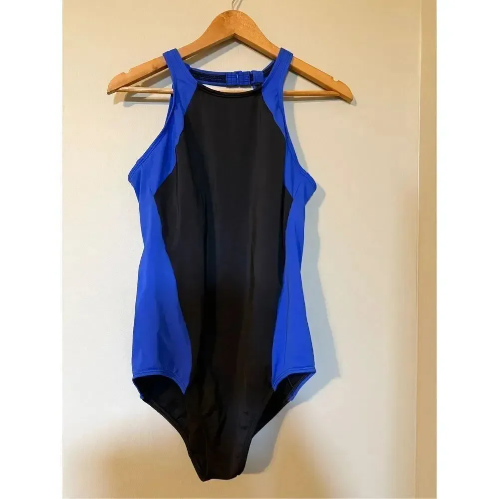Land's End Size 12 High Neck One Piece Swimsuit Black Blue Colorblock Sporty
